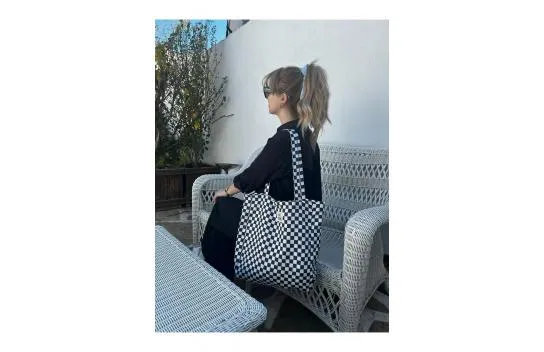 Checkered Black-White Women's Gusseted Fabric, Cloth Sleeve And Shoulder Bag