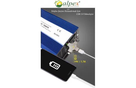 ALPEX TAM SİNÜS UPS (AKÜ ŞARJLI) 12V-220V 500 W Watt inverter Ekranlı İNVERTÖR