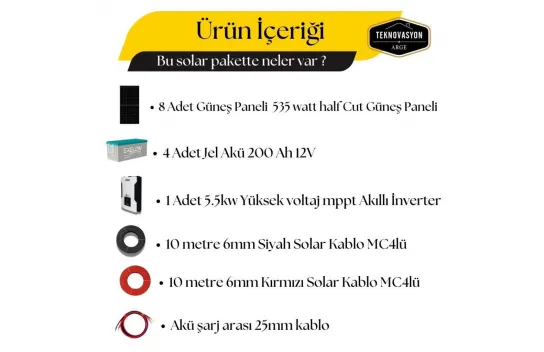 20.000 Watt  Büyük Bağ Evi Solar Paketi 550w Güneş Paneli 5.5kw İnverter 200ah Jel Akü