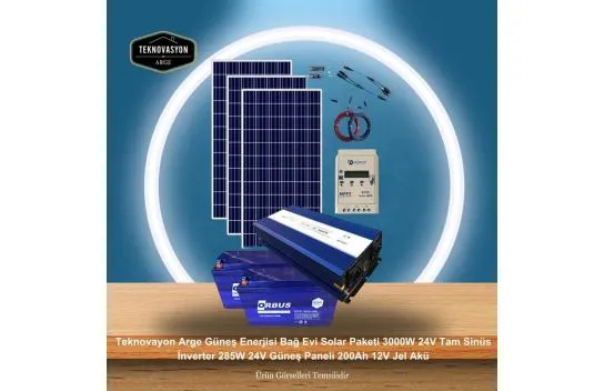 Teknovayon Arge Güneş Enerjisi Bağ Evi Solar Paketi 3000W 24V Tam Sinüs İnverter 285W 24V Güneş Paneli 200Ah 12V Jel Akü