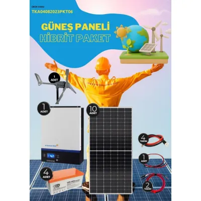 Güneş Enerjisi Hibrit Paket 5Kva Mppt İnverter 455 watt Güneş Paneli 200 Amper Jel Akü  İ-2000W 48V Rüzgar Türbini + Hibrit Şarj Kontrol