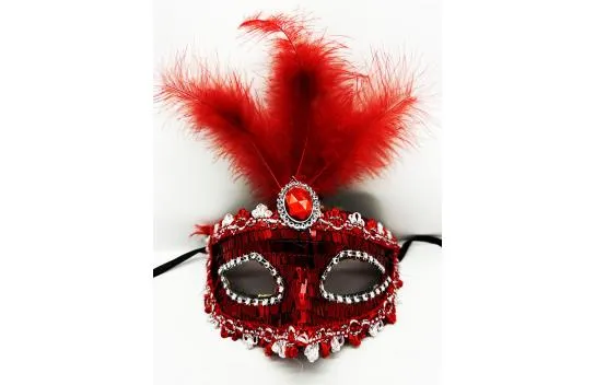 Red Sequined Sequined Feather Party Mask 17x20 cm