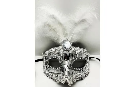 Silver Color Sequined Sequined Feather Party Mask 17x20 cm