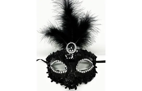 Black Color Sequined Sequined Feather Party Mask 17x20 cm