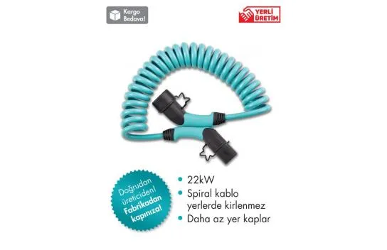 Volti Electric Vehicle Charging Cable - Spiral Type-2, 22 kW, 32A, 380V AC, Water and Dust Proof, High Durability, TOGG/Tesla/Compatible, Turkish and European Standard