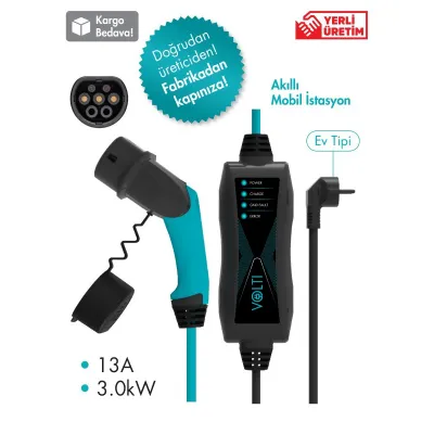 Volti GO Portatif Elektrikli Araç Şarj Kablosu - Tip-2, 3.0 kW, 13A, 230V AC, 6 Metre Uzunluk, Spiral Kablo, Su ve Toz Geçirmez, Türkiye ve Avrupa Standardı, Togg / Tesla Uyumlu Volti GO Portatif Elektrikli Araç Şarj Kablosu - Tip-2, 3.0 kW, 13A, 230V AC, 6 Metre Uzunluk, Spiral Kablo, Su ve Toz Geçirmez, Türkiye ve Avrupa Standardı, Togg / Tesla Uyumlu